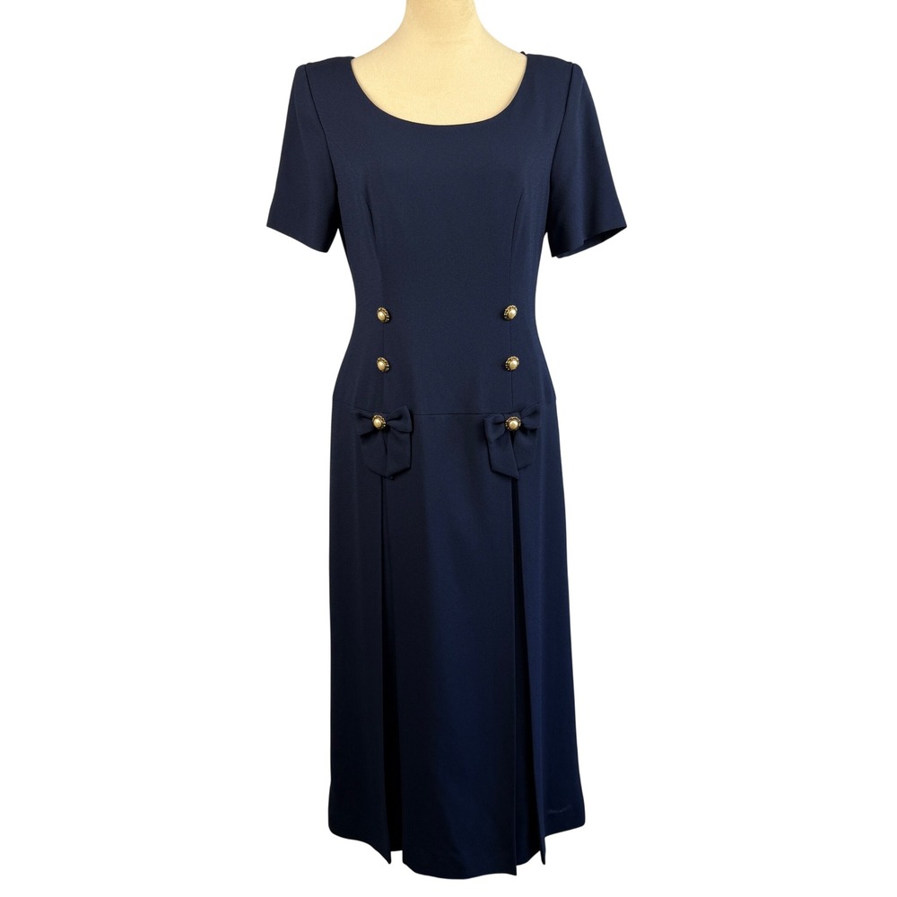 Vintage 80's Donna Ricco Navy Blue Drop Waist Pleated‎ Midi Dress Sz 10 USA Made